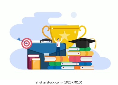 Graduation ceremony awards conceptual illustration. Graduation with graduate cap, school books, bag, golden cup.  Flat vector Graduation celebration concept.