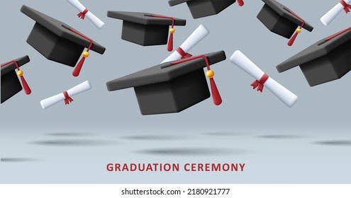 Graduation ceremony banner with 3d college hats and diploma rolls. Vector illustration