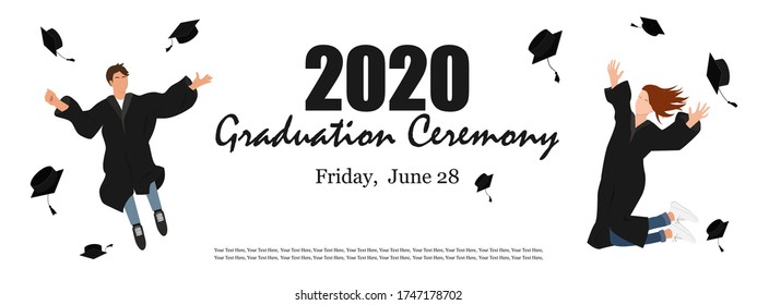 Graduation ceremony banner. Young graduate students jumping and throwing the mortarboard high into the air. Flat vector illustration isolated on white.