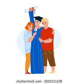 Graduation Ceremony Celebrate Student Boy Vector. Boy Holding Diploma And Posing With Parents Mother And Father On University Graduation Ceremony. Characters Flat Cartoon Illustration