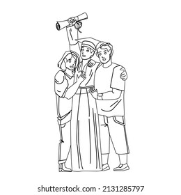 Graduation Ceremony Celebrate Student Boy Black Line Pencil Drawing Vector. Boy Holding Diploma And Posing With Parents Mother And Father On University Graduation Ceremony. Characters Illustration