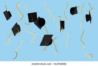 Graduation ceremony celebration. Party invitation. Vector flat design. Graduation caps high in the sky. Greeting card design. Golden serpentine  and confetti.