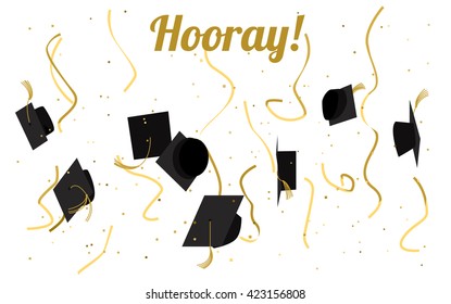 Graduation ceremony celebration, party invitation. Vector flat design. Graduation caps high in the sky. Greeting card design. Hooray.