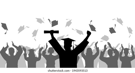 Graduation ceremony. Cheerful Graduate in mantle and mortarboard with diploma on background of crowd people throwing square academic cap. Vector illustration