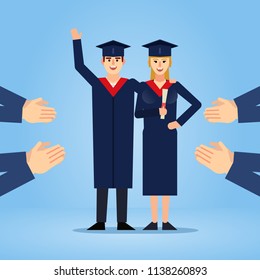 Graduation ceremony. Cheerful graduates getting praised, multiple hands applauding. Flat design vector illustration