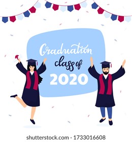 Graduation ceremony. Class of 2020. Greeting banner. Graduates celebrate completion of studies