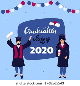 Graduation ceremony. Class of 2020. Greeting banner. Graduates celebrate completion of studies.