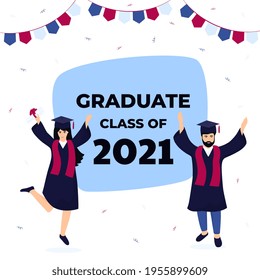 Graduation ceremony. Class of 2021. Greeting banner. Graduates celebrate completion of studies.