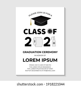 Graduation Ceremony Class Of 2021 Invitation Card With Toilet Paper. Funny Graduation Party Invite. Coronavirus COVID-19 Quarantine Concept. Grad Announcement Template. Vector Template.