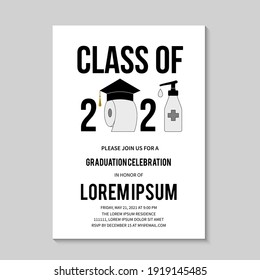 Graduation Ceremony Class Of 2021 Invitation Card With Toilet Paper. Funny Graduation Party Invite. Coronavirus COVID-19 Quarantine Concept. Grad Announcement Template. Vector Illustration.