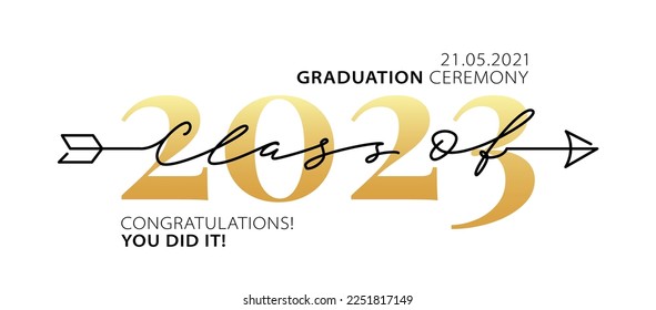 Graduation ceremony Class of 2023 with place for your date. Calligraphy logo. Vector illustration. Template for graduation 2023 design, party, high school or college graduate, yearbook.