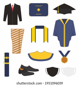 Graduationszeremonie Kleidung und Zubehör Set. Bachelor Gown, Krawatte, Maske, Schuhe, Graduierung Toga Robe, Slayer, Medaille, Tube und Kappe im Cartoon-Stil. Flaches Vektorsymbol