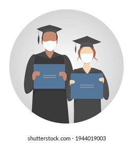 Graduation ceremony in college. Students in masks. Vector icon.