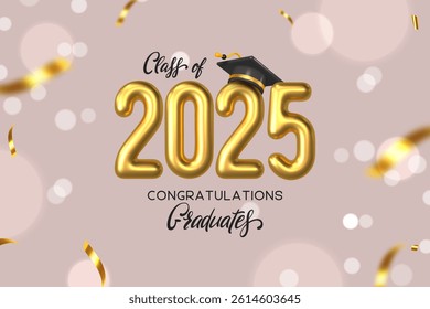 Graduation ceremony composition. Class of 2025 gold numbers with cap and serpentine. Congratulations graduates typography design. Vector.