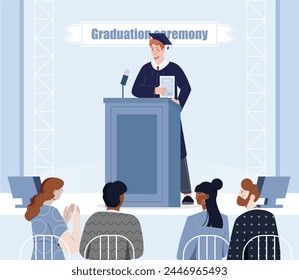 Graduation ceremony concept. Man in graduation gown and hat standing at tribune and performing. Aspiration specialist and successful student. Diploma and certificate. Cartoon flat vector illustration