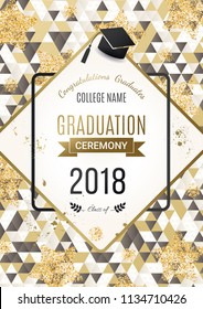 Graduation ceremony design with golden glitter stars. Congratulations Graduates. Class of 2018. Vector design for the graduation party invitation.