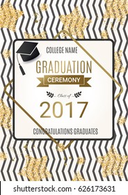 Graduation ceremony design with golden glitter stars. Congratulations Graduates. Class of 2017. Vector design for the graduation party invitation.