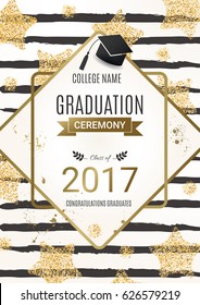 Graduation ceremony design with golden glitter stars. Congratulations Graduates. Class of 2017. Vector design for the graduation party invitation.