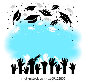 Graduation ceremony, education and people concept, students throwing graduation caps in the air. Illustration, vector