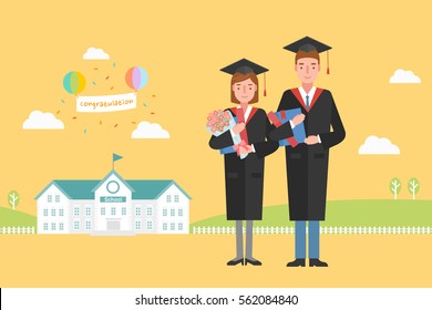 Graduation ceremony of  Female student with male student. 