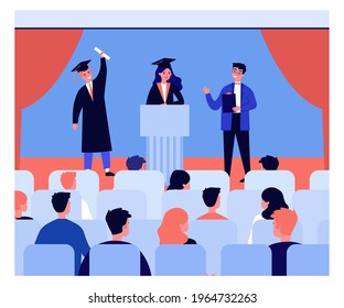 Graduation ceremony flat vector illustration. Cartoon students in academic dress, cap and gown, graduating from university, receiving education document. Graduation, education, ceremony concept