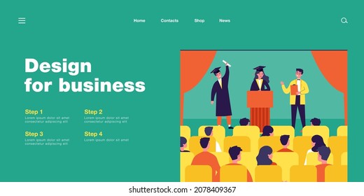 Graduation ceremony flat vector illustration. Cartoon students in academic dress, cap and gown, graduating from university, receiving education document. Graduation, education, ceremony concept