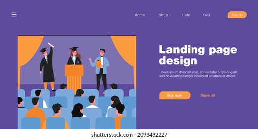 Graduation ceremony flat vector illustration. Cartoon students in academic dress, cap and gown, graduating from university, receiving education document. Graduation, education, ceremony concept