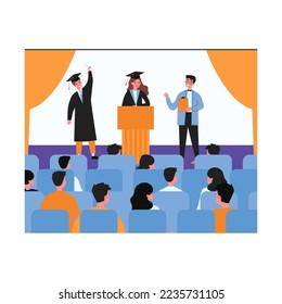 Ilustración vectorial plana de la ceremonia de graduación. Estudiantes de caricatura vestidos de forma académica, con gorra y vestido, graduados de la universidad, recibiendo documentos educativos. Concepto de graduación