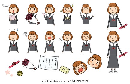 Graduation ceremony: Girl student pattern, black line ~ set