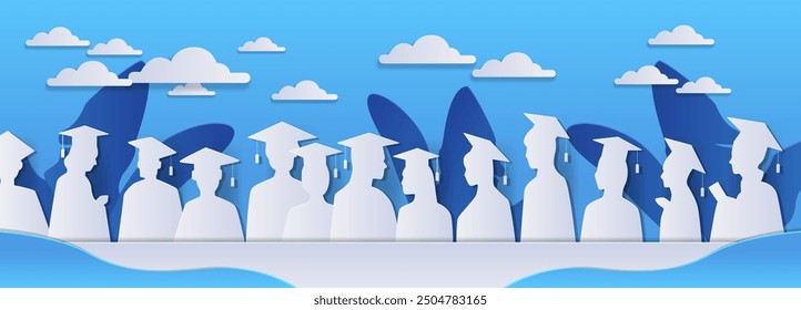 Graduation ceremony graduates in caps and gowns blue sky clouds paper cut style silhouettes