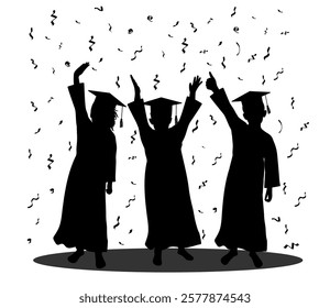 Graduation ceremony, group of graduate students with diploma on background of confetti, silhouette. Vector illustration