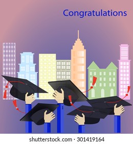 graduation ceremony hand group of people and hat on colour building background
