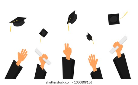 graduation ceremony. hands in gown graduation and caps in the air isolated on white background. vector Illustration.