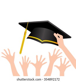 graduation ceremony hands of people and hat isolated on white