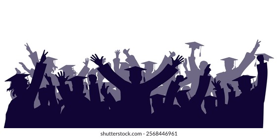 Graduation ceremony. Happy crowd of graduate students in academic caps. Cheerful people silhouette. Vector  illustration.