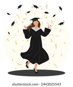 Graduation ceremony, happy jumpung graduate student with diploma on background of confetti and throwed graduation caps. Vector illustration