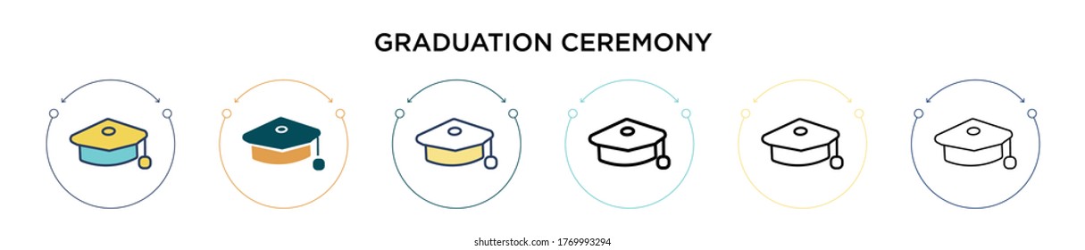 Icono de la ceremonia de graduación en estilo relleno, delgado, contorno y trazo. Ilustración vectorial de dos diseños de iconos vectoriales coloridos y negros para la ceremonia de graduación se pueden utilizar para móviles, ui, web