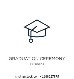 Graduation ceremony icon. Thin linear graduation ceremony outline icon isolated on white background from business collection. Line vector sign, symbol for web and mobile