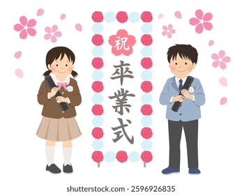 Graduation ceremony image material_vector illustration of a child holding a diploma（卒業式＝Graduation Ceremony）
