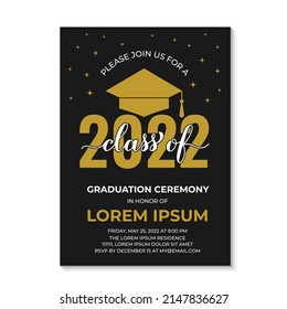 Graduation Ceremony Invitation Card. Black And Gold Grad Party Invite. Graduation Celebration Announcement. Class Of 2022 Vector Template