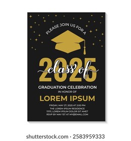 Graduation ceremony invitation card. Black and gold grad party invite. Graduation celebration announcement. Class of 2025 vector template