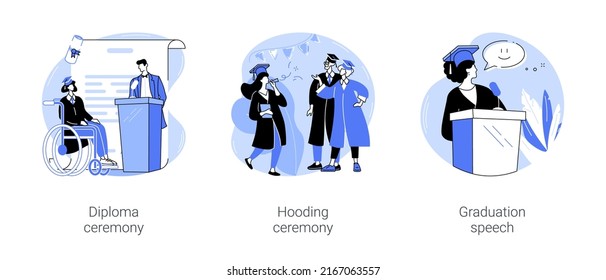 Graduation ceremony isolated cartoon vector illustrations set. Student getting college diploma, professors places the hood over the head of the graduate, giving commencement speech vector cartoon.