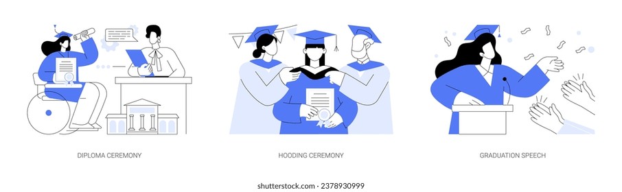 Graduation ceremony isolated cartoon vector illustrations set. Student getting college diploma, professors places the hood over the head of the graduate, giving commencement speech vector cartoon.