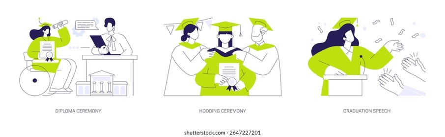 Graduation ceremony isolated cartoon vector illustrations set. Student getting college diploma, professors places the hood over the head of the graduate, giving commencement speech vector cartoon.