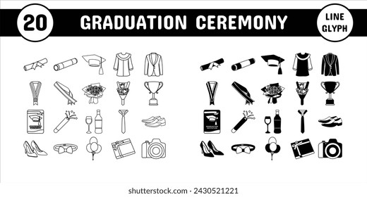 Graduation Ceremony Line Glyph Vector Illustration Icon Sticker Set Design Materials