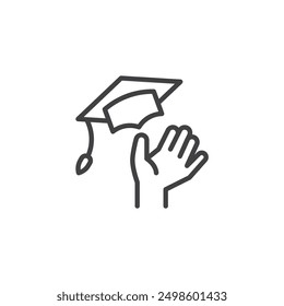 Icono de línea de ceremonia de graduación. signo de estilo lineal para concepto móvil y Diseño web. Tapa de lanzamiento de mano en el ícono de Vector de contorno de aire. Símbolo, ilustración del logotipo. Gráficos de Vector