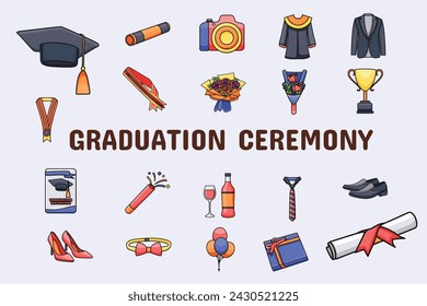 Graduation Ceremony Lineal Color Vector Illustration Icon Sticker Set Design Materials