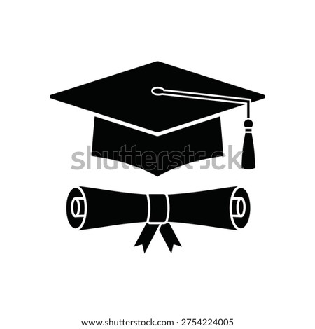 Graduation ceremony with a mortarboard and diploma scroll on display indoors