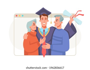 Graduation ceremony online, master or bachelor students get congratulations from parents. Happy cartoon people celebrate commencement college, university at home. Guy in mortarboard and gown