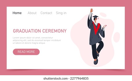 Graduation ceremony online web landing page or website template. Cheerful alumnus guy celebrate graduation. Vector illustration